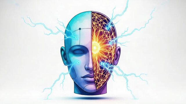 Artificial Intelligence and Neural Network Concept featuring half human half robot head with