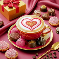 Luxury Romantic Cappuccino with Chocolates and Pastries 
