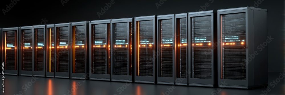 Aufkleber row of identical server rack units with glowing indicators