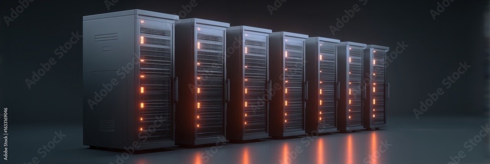 Poster row of identical server units with glowing indicators in rack