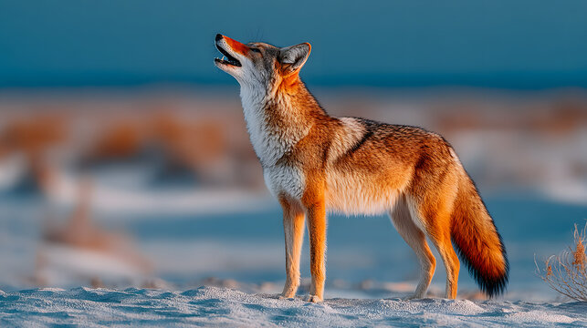 Coyote howling in winter landscape wildlife animal portrait nature scene