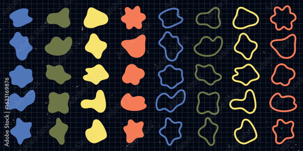 Poster colorful abstract shapes in rows on a grid background. shapes vary in color and form, including blue