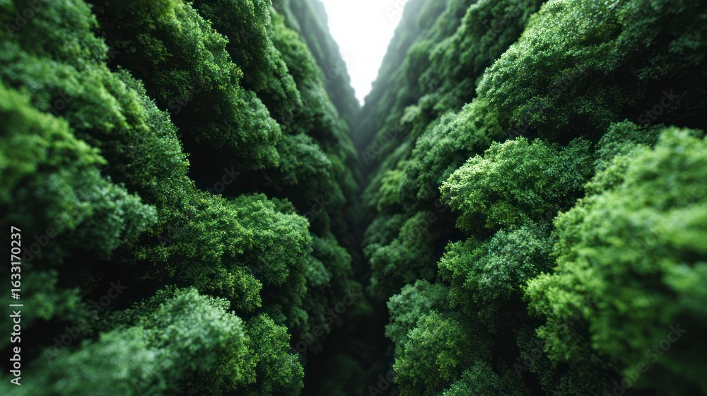 Poster lush green foliage forms a dense canopy creating a deep narrow passage with bright light filtering f