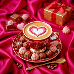 Luxury Romantic Cappuccino with Chocolates and Pastries 
