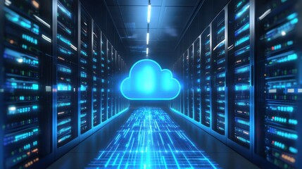 A sleek futuristic data center with a glowing blue cloud icon and a geometric illuminated pathway representing advanced cloud computing technology and digital infrastructure