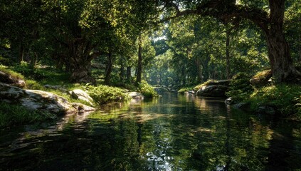 Sunlit forest stream, tranquil nature scene, background trees, idyllic landscape, nature photography