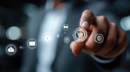 A person's hand interacts with digital shopping icons