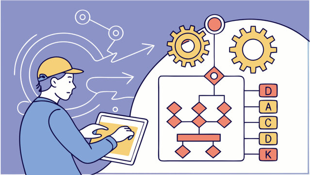 Engineer workflow automation process diagram with gears and data flow for industrial engineering design