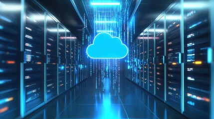 Futuristic digital datacenter showcasing a glowing cloud icon surrounded by rows of networked server racks and illuminated technology infrastructure