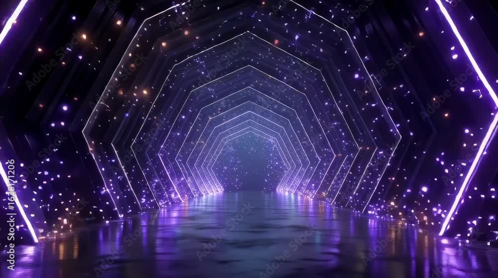 Poster futuristic purple neon illuminated tunnel with geometric frames reflected on a smooth wet surface su