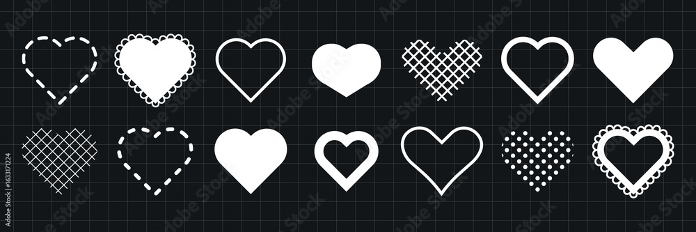 Poster set of 12 white heart icons on a black grid background. various heart designs include dotted, solid,