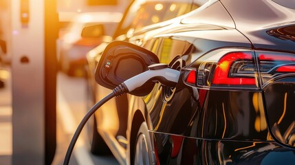 An electric vehicle being charged at a public charging station showcasing the growing infrastructure and technology for sustainable transportation