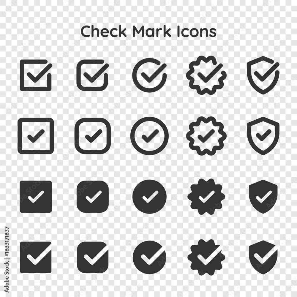 Poster collection of checkmark icons in various styles: checkboxes, shields, and badges. black checkmarks, 
