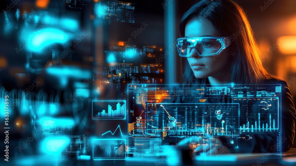 Poster a woman wearing glasses intently focused on analyzing complex data charts and graphs displayed on a 
