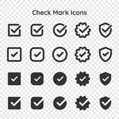 Collection of checkmark icons in various styles: checkboxes, shields, and badges. Black checkmarks, checkboxes, and shields for versatile use. Vector element set.