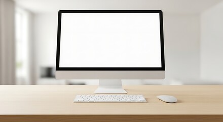 Fototapeta premium Computer setup with blank white screen on a wooden desk with keyboard and mouse in a bright room