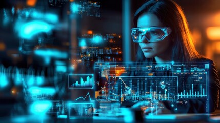 A woman wearing glasses intently focused on analyzing complex data charts and graphs displayed on a futuristic holographic interface exploring trends and insights that could shape the future