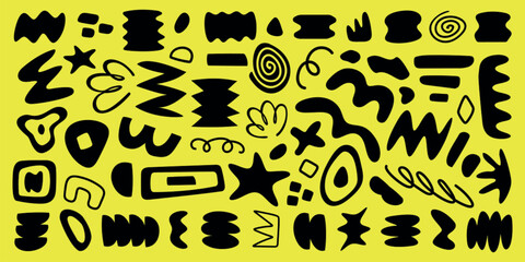 Abstract shapes on a yellow background. Black abstract shapes in various forms. Yellow and black abstract art with diverse shapes and patterns. Funky shapes vector set.