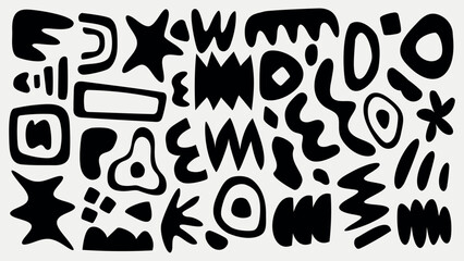 Abstract black shapes on a white background. Geometric and organic forms. Bold, modern design. Abstract patterns and shapes create a striking visual. Black and white vector set.