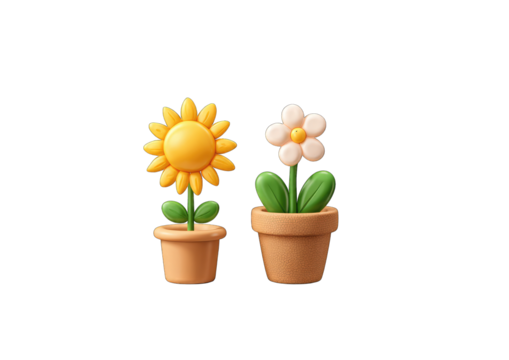 Two potted flowers, a sunflower and a white daisy, are depicted in a stylized, cartoonish manner against a black background.  They are rendered with a 3D effect