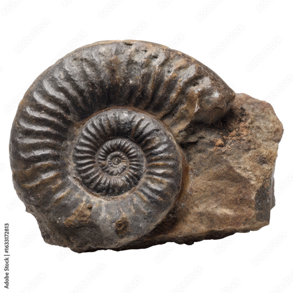 Poster detailed ammonite fossil with spiral shell structure on rock surface