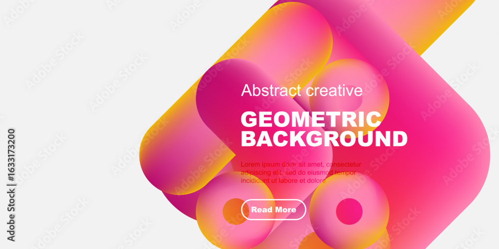 Poster abstract geometric background features vibrant overlapping shapes, text, button. modern design with 