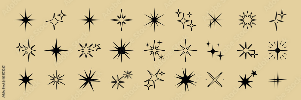 Aufkleber set of 24 black starburst icons on a beige background. starburst designs vary in shape and size. sta