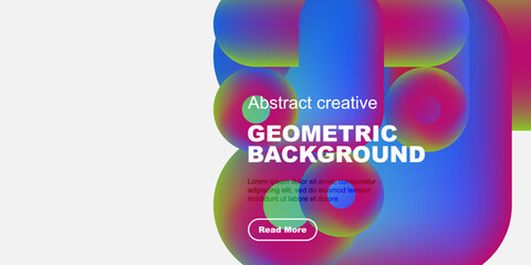 Obraz premium Vibrant abstract shapes overlap, creating colorful geometric background. Text promotes further exploration. Modern design elements present.