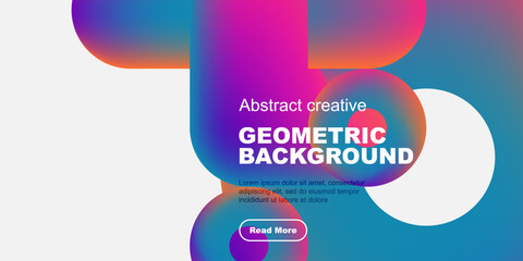 Vibrant abstract shapes dominate design. Text promotes geometric background, includes read more button. White space balances colorful elements.