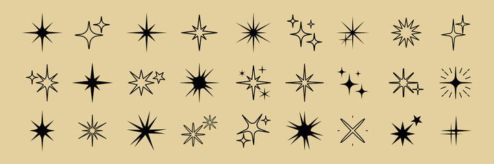 Set of 24 black starburst icons on a beige background. Starburst designs vary in shape and size. Starburst collection ideal for graphic design projects. Element vector set.