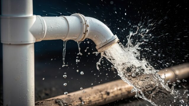 Water gushing from a leaky white plastic pipe, indicating plumbing problem