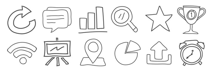 Hand-drawn icons set featuring a trophy, magnifying glass, pie chart, and more. Includes a trophy, pie chart, and magnifying glass in a simple, hand-drawn style. Hand drawn business elements, vectors.