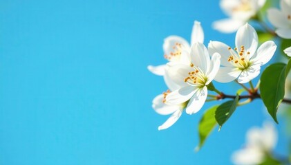 Fototapeta premium Delicate white jasmine blossoms against a vibrant blue sky , close-up, petals