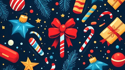 Fototapeta premium Festive christmas pattern with ornaments, candy canes, and presents.