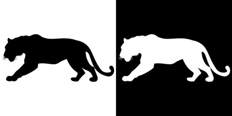 Powerful tiger silhouette in a prowling stance shown in black and white versions.
