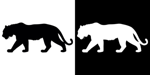 Powerful walking tiger silhouette in profile view Monochrome graphic of a stalking wild cat.