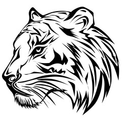 Fierce tiger head profile in a bold black and white tribal tattoo style illustration.