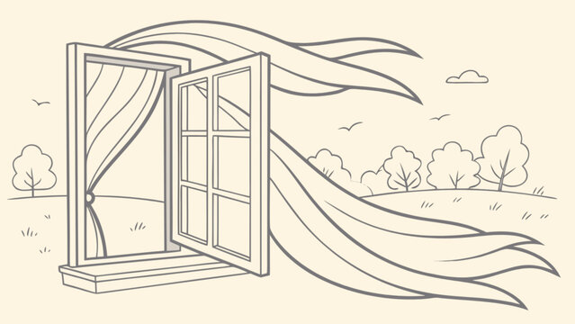 open window with curtains blowing in wind clip art preview