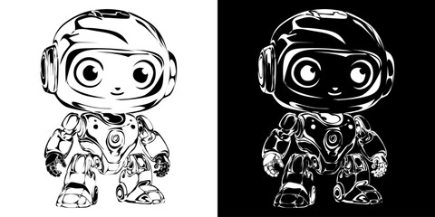Stylized black and white illustration of a cute chibi robot with a large helmet and big eyes.