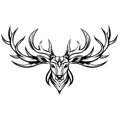A bold, black line art illustration of a deer head, featuring a symmetrical design, a calm expression, and large, sharp, multi-pointed antlers