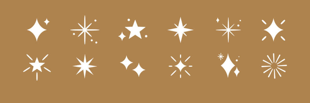A set of 12 white star icons on a brown background. The star icons vary in shape and size, featuring classic star designs and abstract star patterns. Festive element set. Vectors.