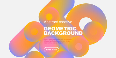 Colorful abstract shapes overlap white background. Text reads geometric background, includes button. Modern design elements present.