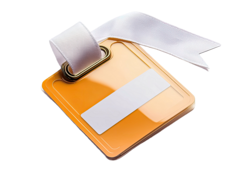 Orange luggage tag with white ribbon and blank label isolated on white background - Powered by Adobe