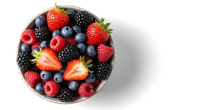 A bowl filled with fresh berries including strawberries blueberries raspberries and blackberries on white - Powered by Adobe
