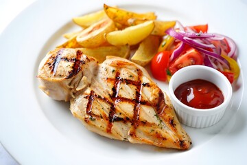 Delicious grilled chicken breast with crispy potato wedges and fresh tomato onion salad served with ketchup
