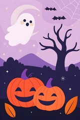 Cute Halloween Night Illustration with Friendly Ghost and Smiling Pumpkins