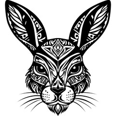 Stylized black and white rabbit head with intricate tribal tattoo-style patterns and symmetrical design.