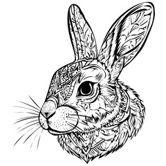 Stylized black and white rabbit head with intricate ornamental and tribal patterns.