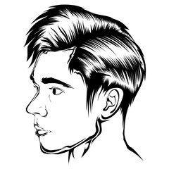 Graphic black and white illustration of a mans head in profile with a stylish undercut hairstyle.