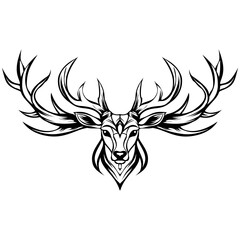 Symmetrical black and white graphic of a majestic deer head with sharp flowing antlers.